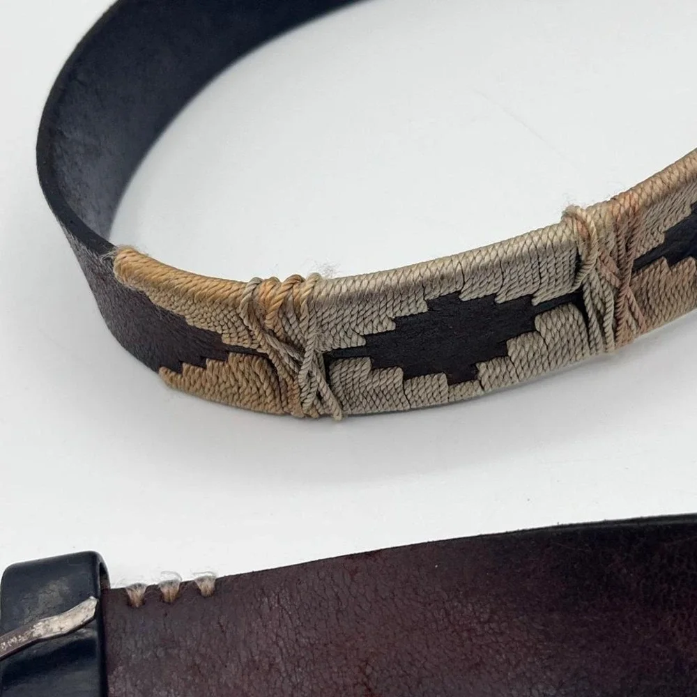 Vintage Leather Belt Handwoven‎ Inlay Western Rustic Buckle Brown